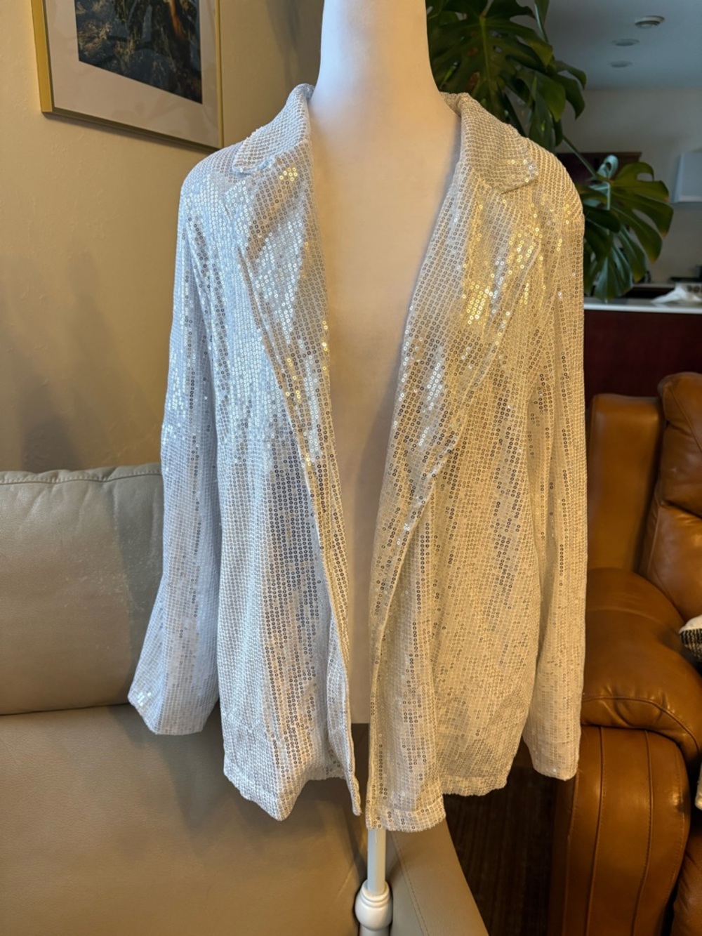 Silver Sequin Open Front Blazer Jacket